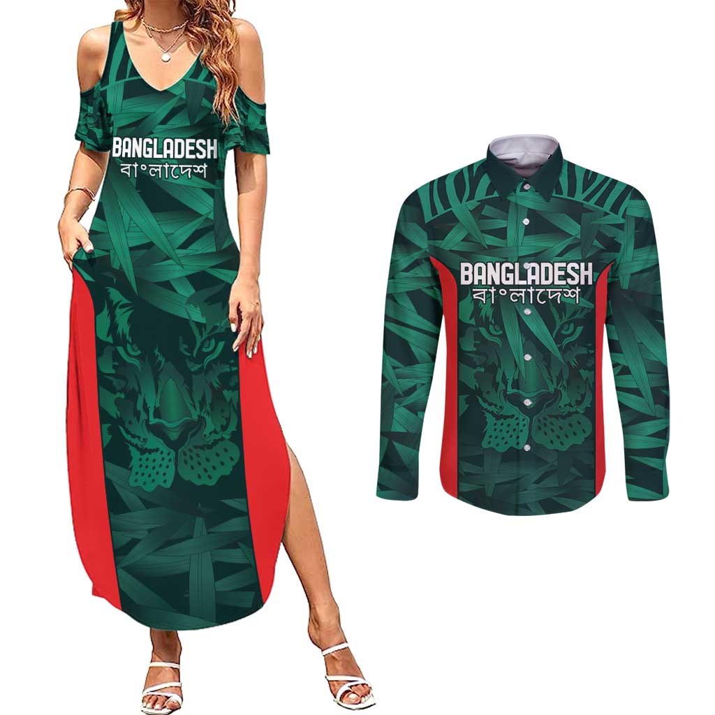 Royal Bengal Tiger Bangladesh Cricket Custom Couples Matching Summer Maxi Dress and Long Sleeve Button Shirt The Red and Green Version