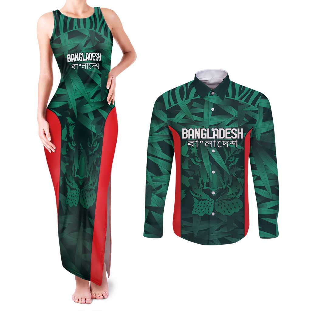 Royal Bengal Tiger Bangladesh Cricket Custom Couples Matching Tank Maxi Dress and Long Sleeve Button Shirt The Red and Green Version