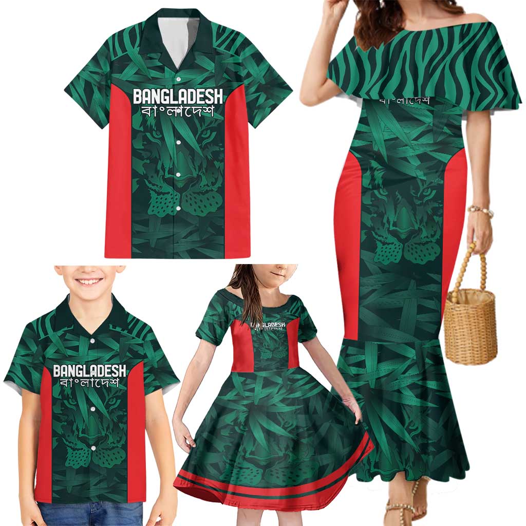 Royal Bengal Tiger Bangladesh Cricket Custom Family Matching Mermaid Dress and Hawaiian Shirt The Red and Green Version