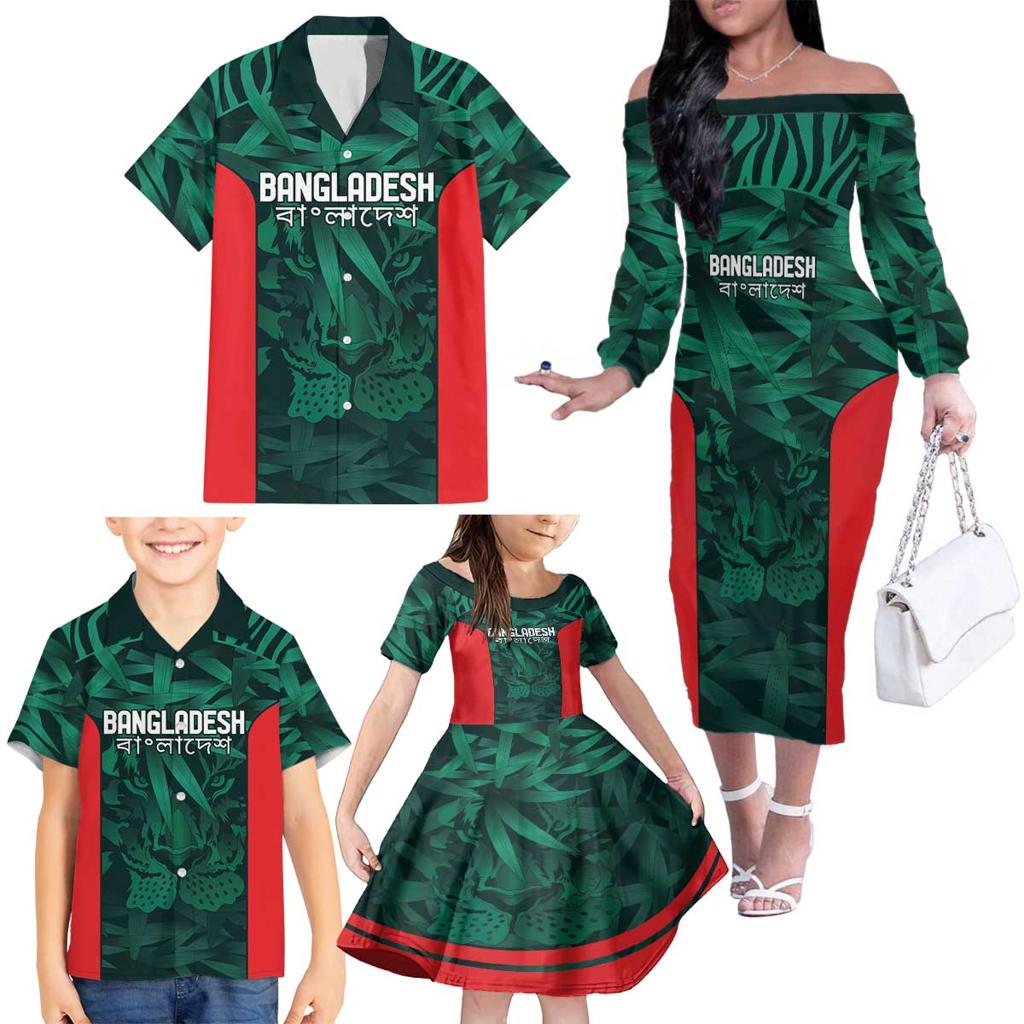 Royal Bengal Tiger Bangladesh Cricket Custom Family Matching Off The Shoulder Long Sleeve Dress and Hawaiian Shirt The Red and Green Version