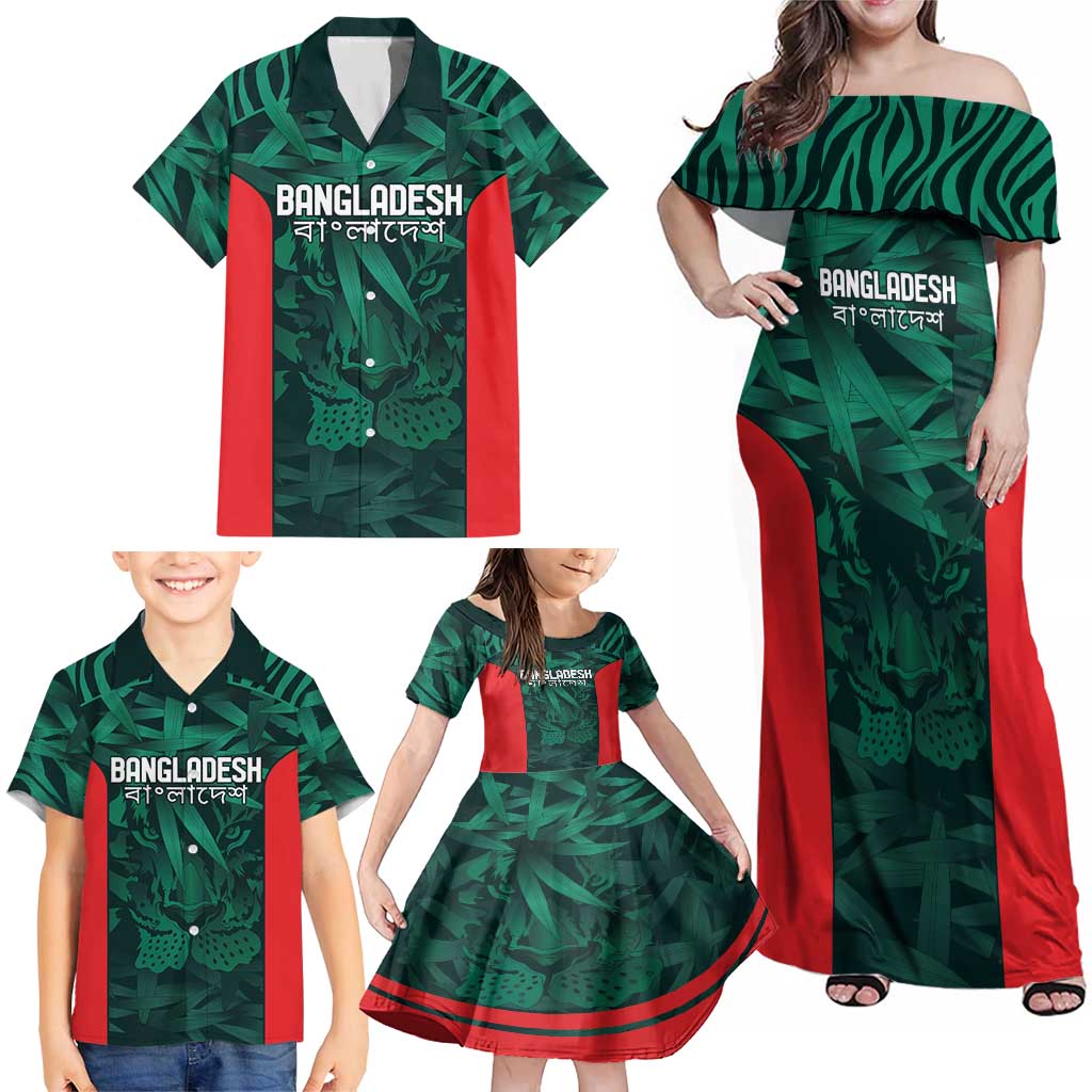 Royal Bengal Tiger Bangladesh Cricket Custom Family Matching Off Shoulder Maxi Dress and Hawaiian Shirt The Red and Green Version