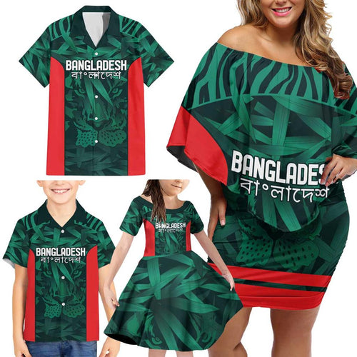 Royal Bengal Tiger Bangladesh Cricket Custom Family Matching Off Shoulder Short Dress and Hawaiian Shirt The Red and Green Version