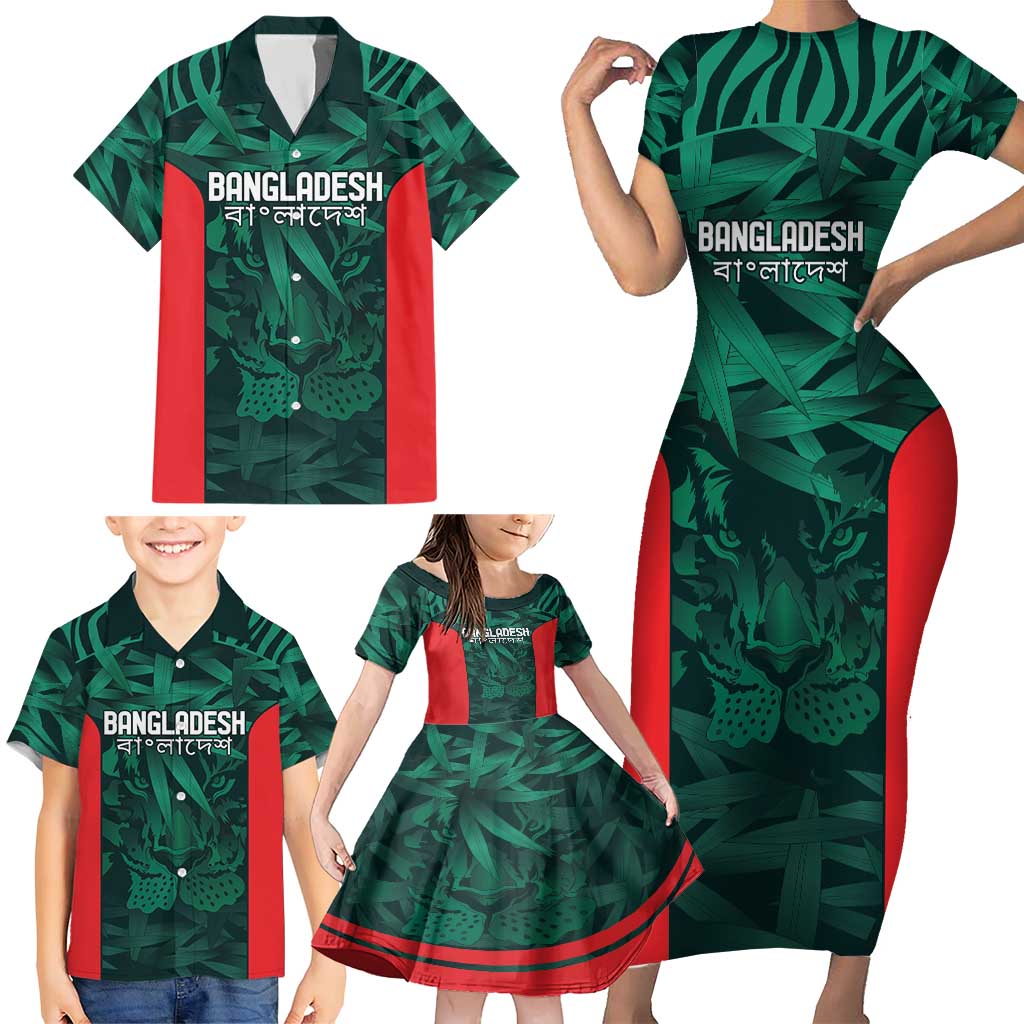 Royal Bengal Tiger Bangladesh Cricket Custom Family Matching Short Sleeve Bodycon Dress and Hawaiian Shirt The Red and Green Version