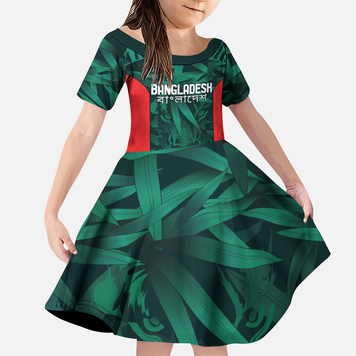 Royal Bengal Tiger Bangladesh Cricket Custom Kid Short Sleeve Dress The Red and Green Version