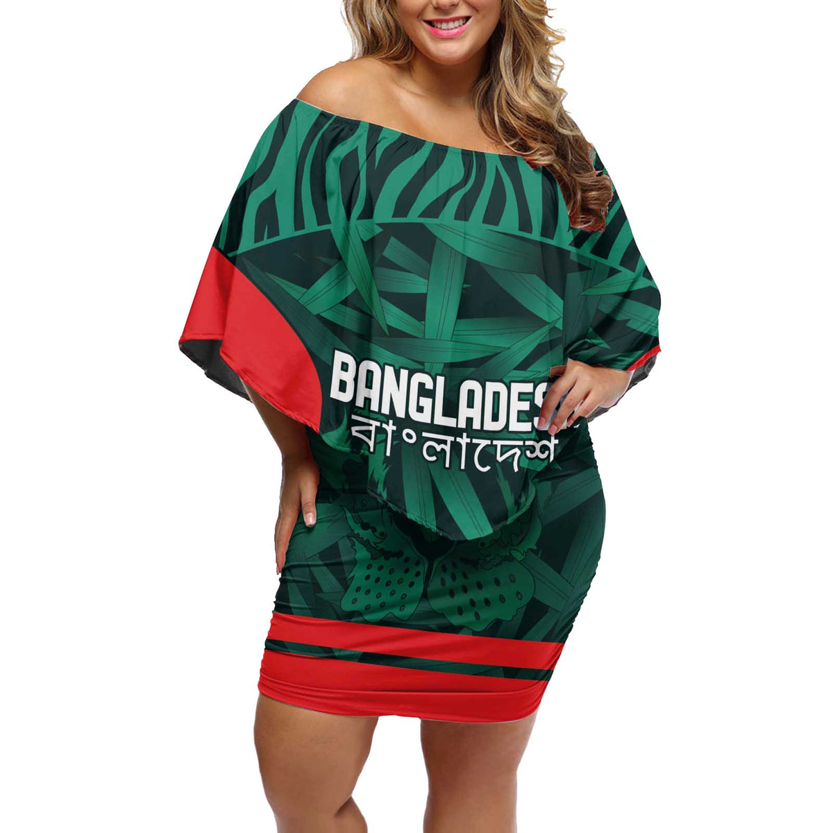 Royal Bengal Tiger Bangladesh Cricket Custom Off Shoulder Short Dress The Red and Green Version