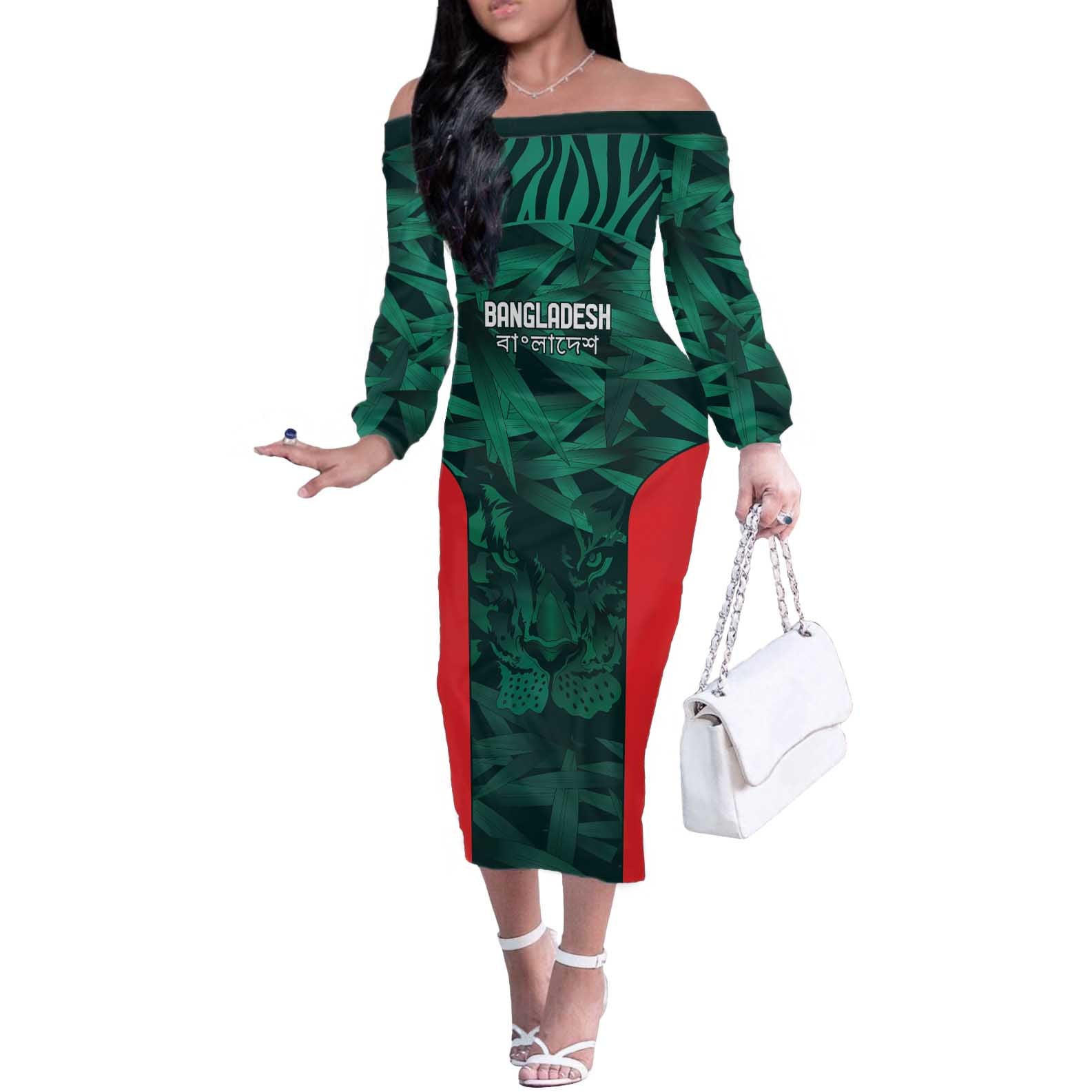 Royal Bengal Tiger Bangladesh Cricket Custom Off The Shoulder Long Sleeve Dress The Red and Green Version