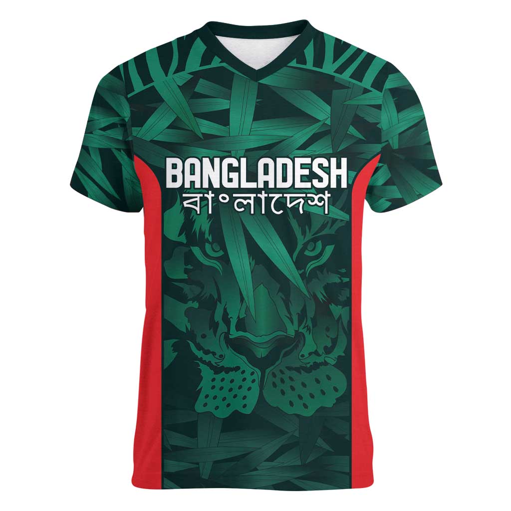 Royal Bengal Tiger Bangladesh Cricket Custom Women V-Neck T-Shirt The Red and Green Version