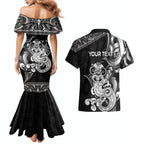 Personalised New Zealand Potae Pango Cricket Couples Matching Mermaid Dress and Hawaiian Shirt Special Maori Hei Tiki Tribal Tattoo