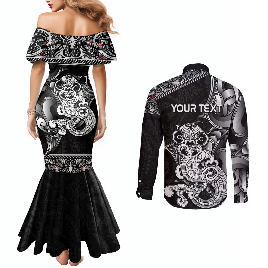 Personalised New Zealand Potae Pango Cricket Couples Matching Mermaid Dress and Long Sleeve Button Shirt Special Maori Hei Tiki Tribal Tattoo