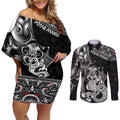 Personalised New Zealand Potae Pango Cricket Couples Matching Off Shoulder Short Dress and Long Sleeve Button Shirt Special Maori Hei Tiki Tribal Tattoo