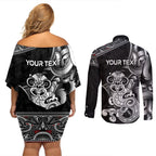 Personalised New Zealand Potae Pango Cricket Couples Matching Off Shoulder Short Dress and Long Sleeve Button Shirt Special Maori Hei Tiki Tribal Tattoo