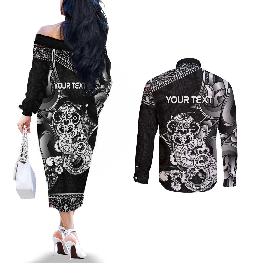 Personalised New Zealand Potae Pango Cricket Couples Matching Off The Shoulder Long Sleeve Dress and Long Sleeve Button Shirt Special Maori Hei Tiki Tribal Tattoo