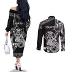 Personalised New Zealand Potae Pango Cricket Couples Matching Off The Shoulder Long Sleeve Dress and Long Sleeve Button Shirt Special Maori Hei Tiki Tribal Tattoo