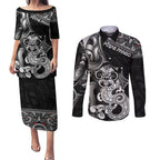 Personalised New Zealand Potae Pango Cricket Couples Matching Puletasi and Long Sleeve Button Shirt Special Maori Hei Tiki Tribal Tattoo