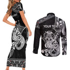 Personalised New Zealand Potae Pango Cricket Couples Matching Short Sleeve Bodycon Dress and Long Sleeve Button Shirt Special Maori Hei Tiki Tribal Tattoo