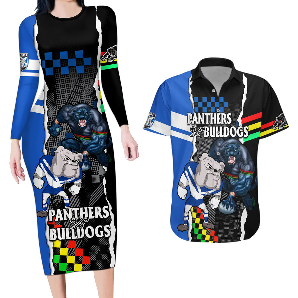nrl-combine-bulldogs-and-panthers-couples-matching-long-sleeve-bodycon-dress-and-hawaiian-shirt