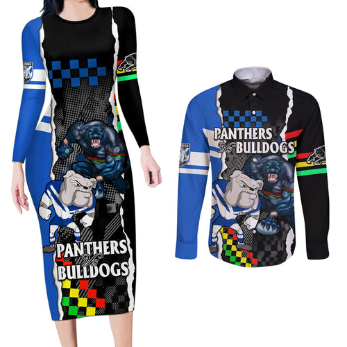 nrl-combine-bulldogs-and-panthers-couples-matching-long-sleeve-bodycon-dress-and-long-sleeve-button-shirts