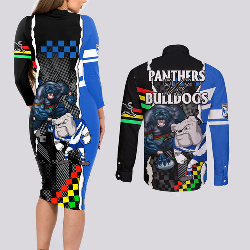 nrl-combine-bulldogs-and-panthers-couples-matching-long-sleeve-bodycon-dress-and-long-sleeve-button-shirts