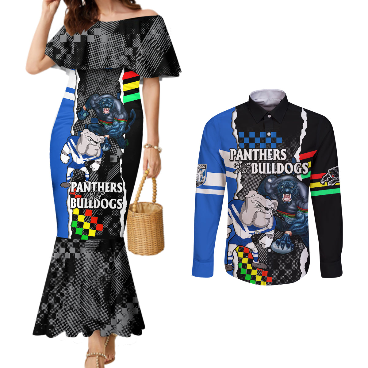 nrl-combine-bulldogs-and-panthers-couples-matching-mermaid-dress-and-long-sleeve-button-shirts
