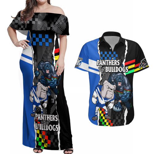 nrl-combine-bulldogs-and-panthers-couples-matching-off-shoulder-maxi-dress-and-hawaiian-shirt