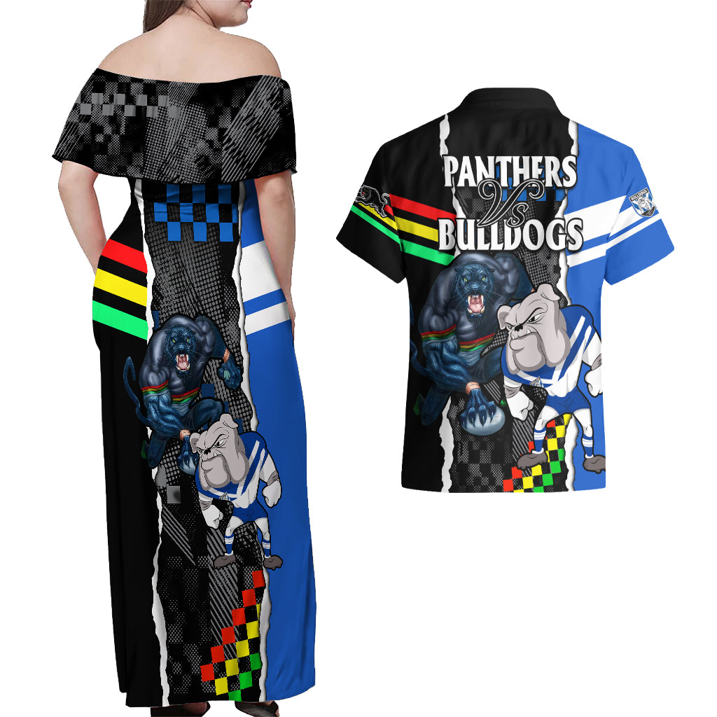 nrl-combine-bulldogs-and-panthers-couples-matching-off-shoulder-maxi-dress-and-hawaiian-shirt