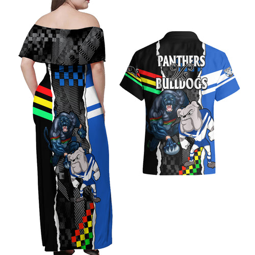 nrl-combine-bulldogs-and-panthers-couples-matching-off-shoulder-maxi-dress-and-hawaiian-shirt