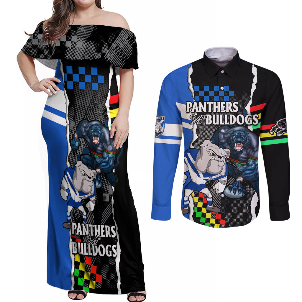 nrl-combine-bulldogs-and-panthers-couples-matching-off-shoulder-maxi-dress-and-long-sleeve-button-shirts