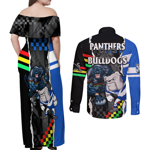 nrl-combine-bulldogs-and-panthers-couples-matching-off-shoulder-maxi-dress-and-long-sleeve-button-shirts