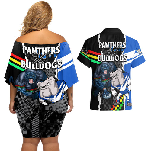 nrl-combine-bulldogs-and-panthers-couples-matching-off-shoulder-short-dress-and-hawaiian-shirt
