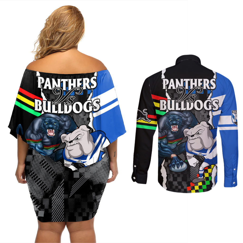 nrl-combine-bulldogs-and-panthers-couples-matching-off-shoulder-short-dress-and-long-sleeve-button-shirts