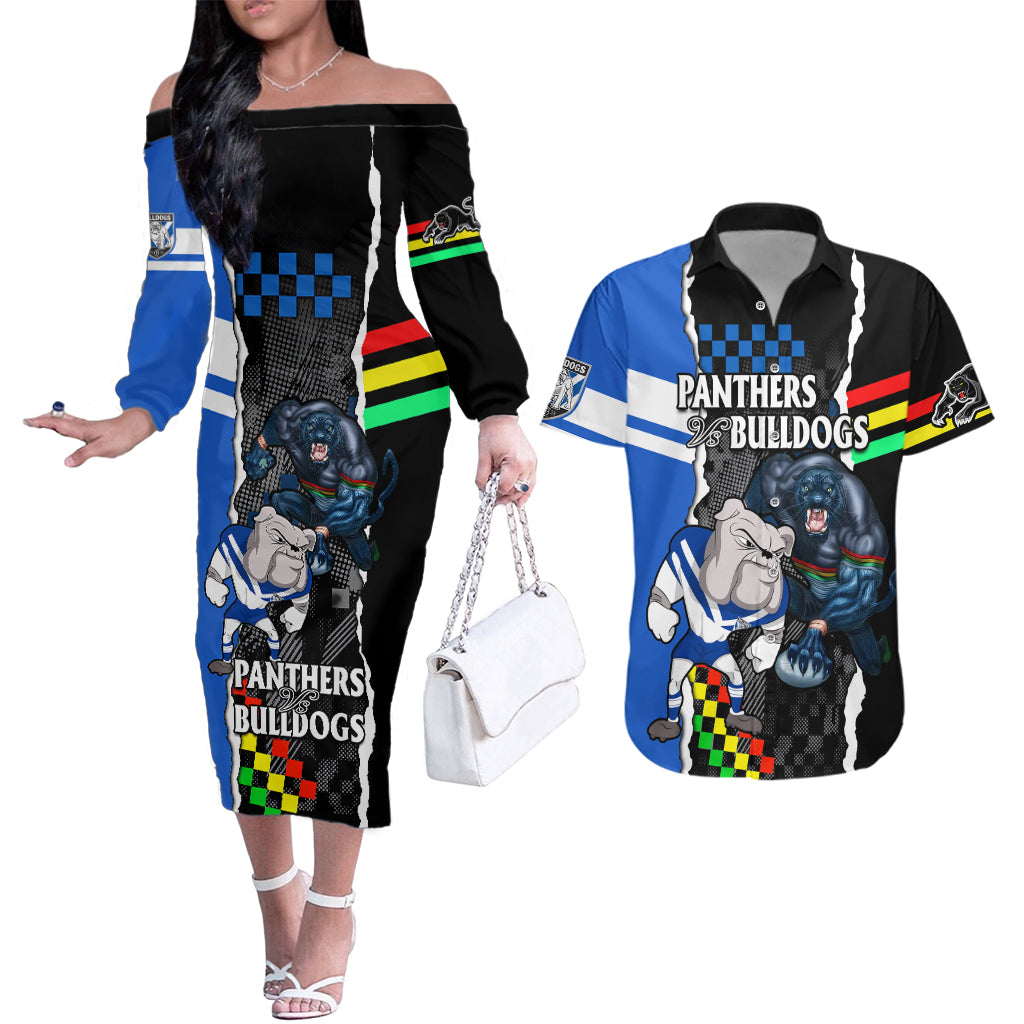 nrl-combine-bulldogs-and-panthers-couples-matching-off-the-shoulder-long-sleeve-dress-and-hawaiian-shirt