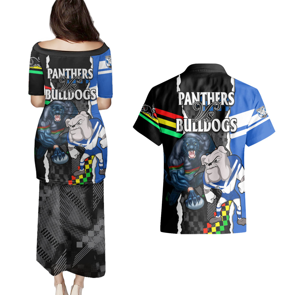nrl-combine-bulldogs-and-panthers-couples-matching-puletasi-dress-and-hawaiian-shirt
