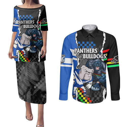nrl-combine-bulldogs-and-panthers-couples-matching-puletasi-dress-and-long-sleeve-button-shirts