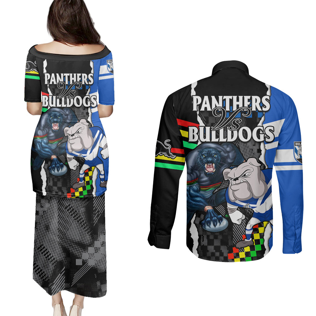nrl-combine-bulldogs-and-panthers-couples-matching-puletasi-dress-and-long-sleeve-button-shirts