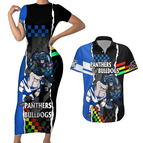 nrl-combine-bulldogs-and-panthers-couples-matching-short-sleeve-bodycon-dress-and-hawaiian-shirt