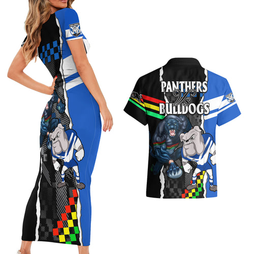 nrl-combine-bulldogs-and-panthers-couples-matching-short-sleeve-bodycon-dress-and-hawaiian-shirt
