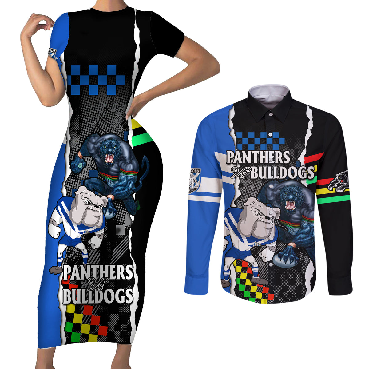 nrl-combine-bulldogs-and-panthers-couples-matching-short-sleeve-bodycon-dress-and-long-sleeve-button-shirts