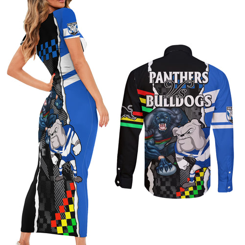 nrl-combine-bulldogs-and-panthers-couples-matching-short-sleeve-bodycon-dress-and-long-sleeve-button-shirts
