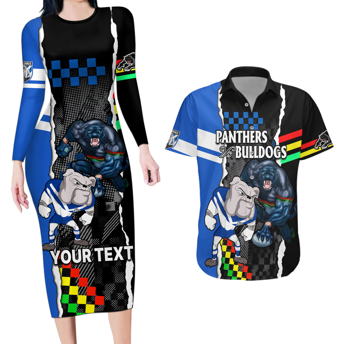 custom-nrl-combine-bulldogs-and-panthers-couples-matching-long-sleeve-bodycon-dress-and-hawaiian-shirt