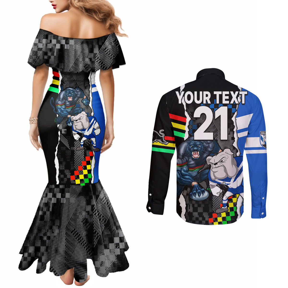custom-nrl-combine-bulldogs-and-panthers-couples-matching-mermaid-dress-and-long-sleeve-button-shirts