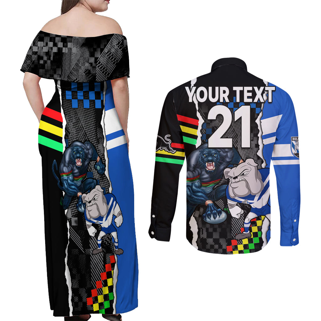 custom-nrl-combine-bulldogs-and-panthers-couples-matching-off-shoulder-maxi-dress-and-long-sleeve-button-shirts