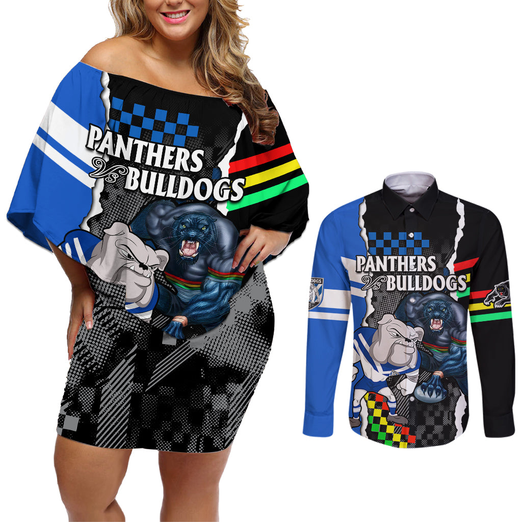 custom-nrl-combine-bulldogs-and-panthers-couples-matching-off-shoulder-short-dress-and-long-sleeve-button-shirts
