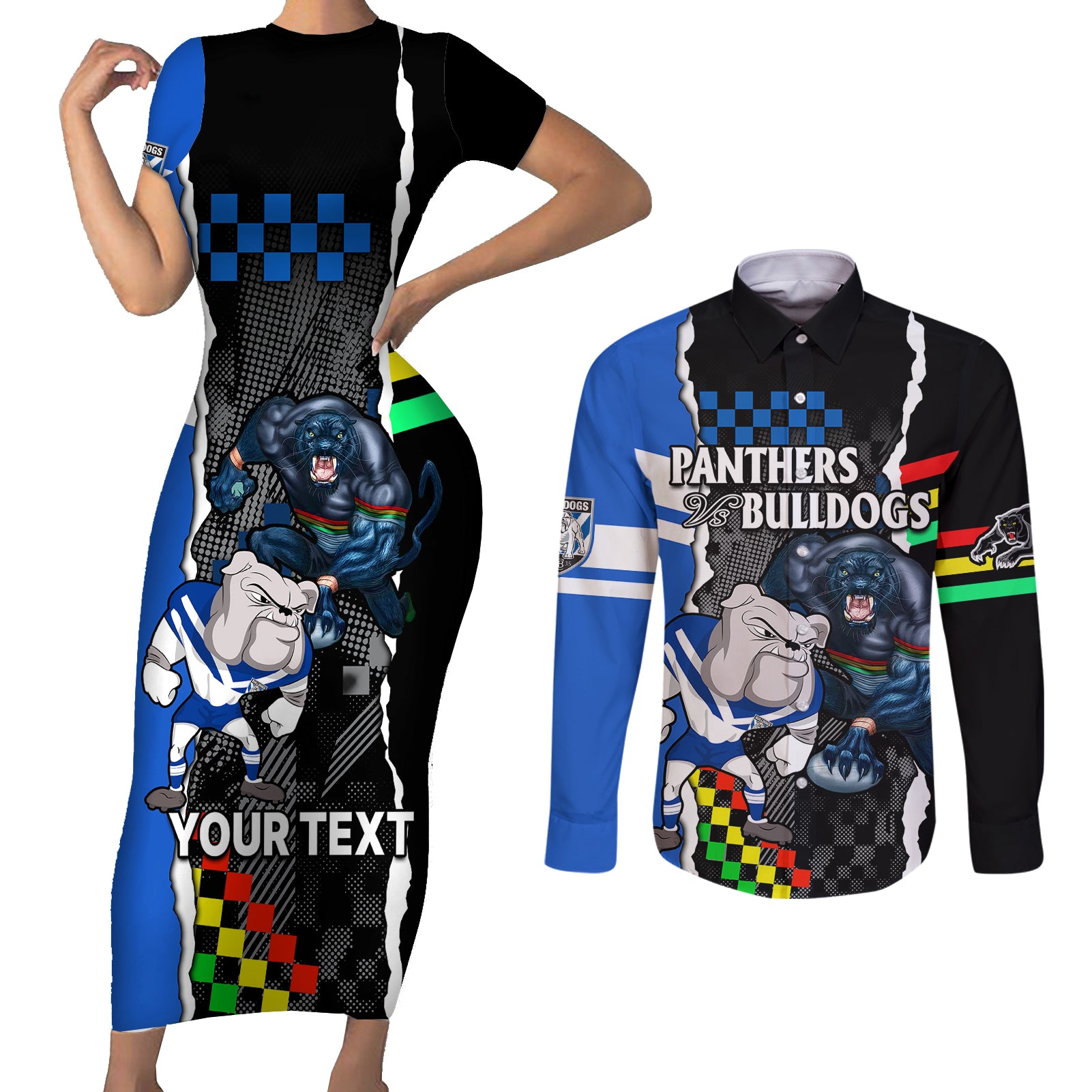custom-nrl-combine-bulldogs-and-panthers-couples-matching-short-sleeve-bodycon-dress-and-long-sleeve-button-shirts