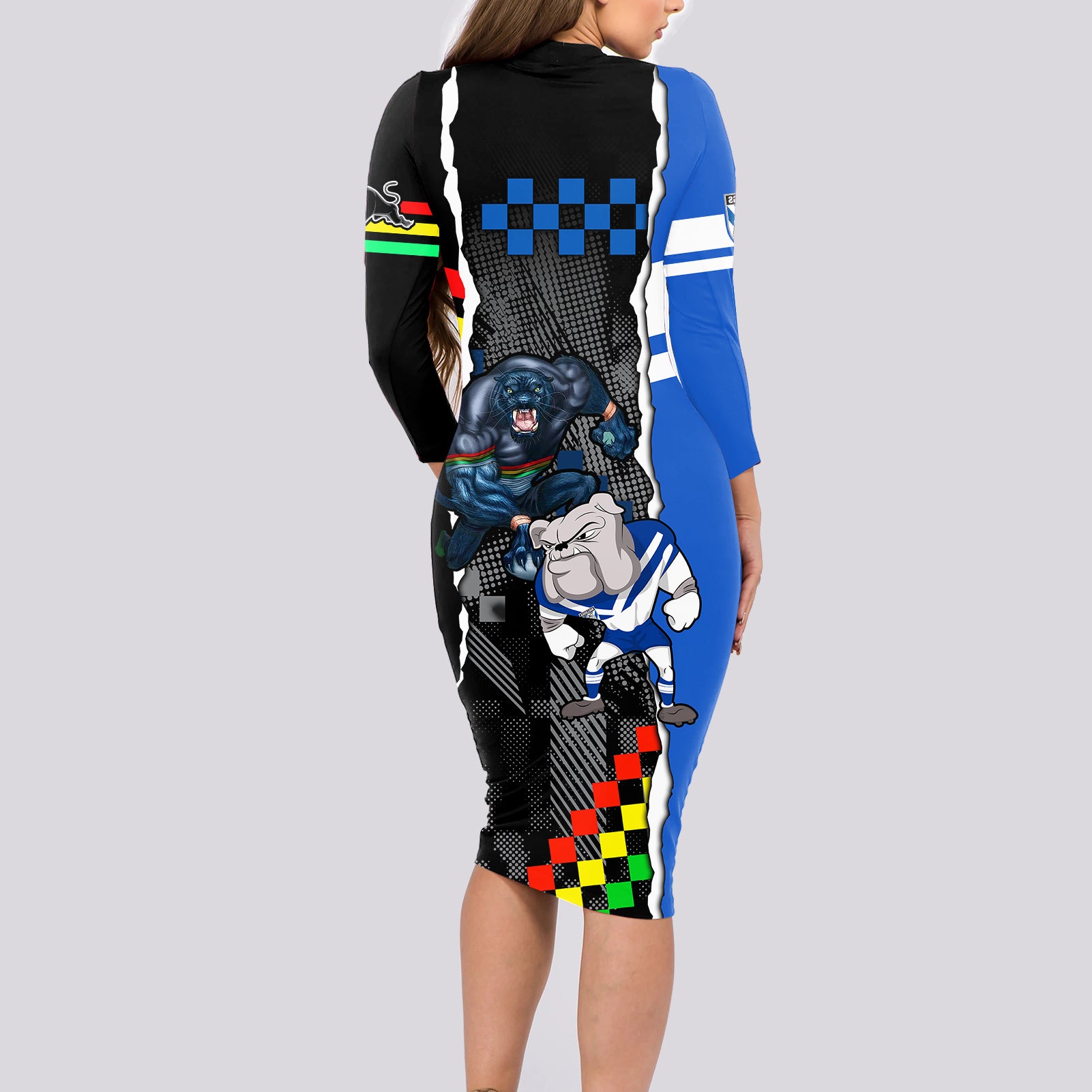 custom-nrl-combine-bulldogs-and-panthers-long-sleeve-bodycon-dress