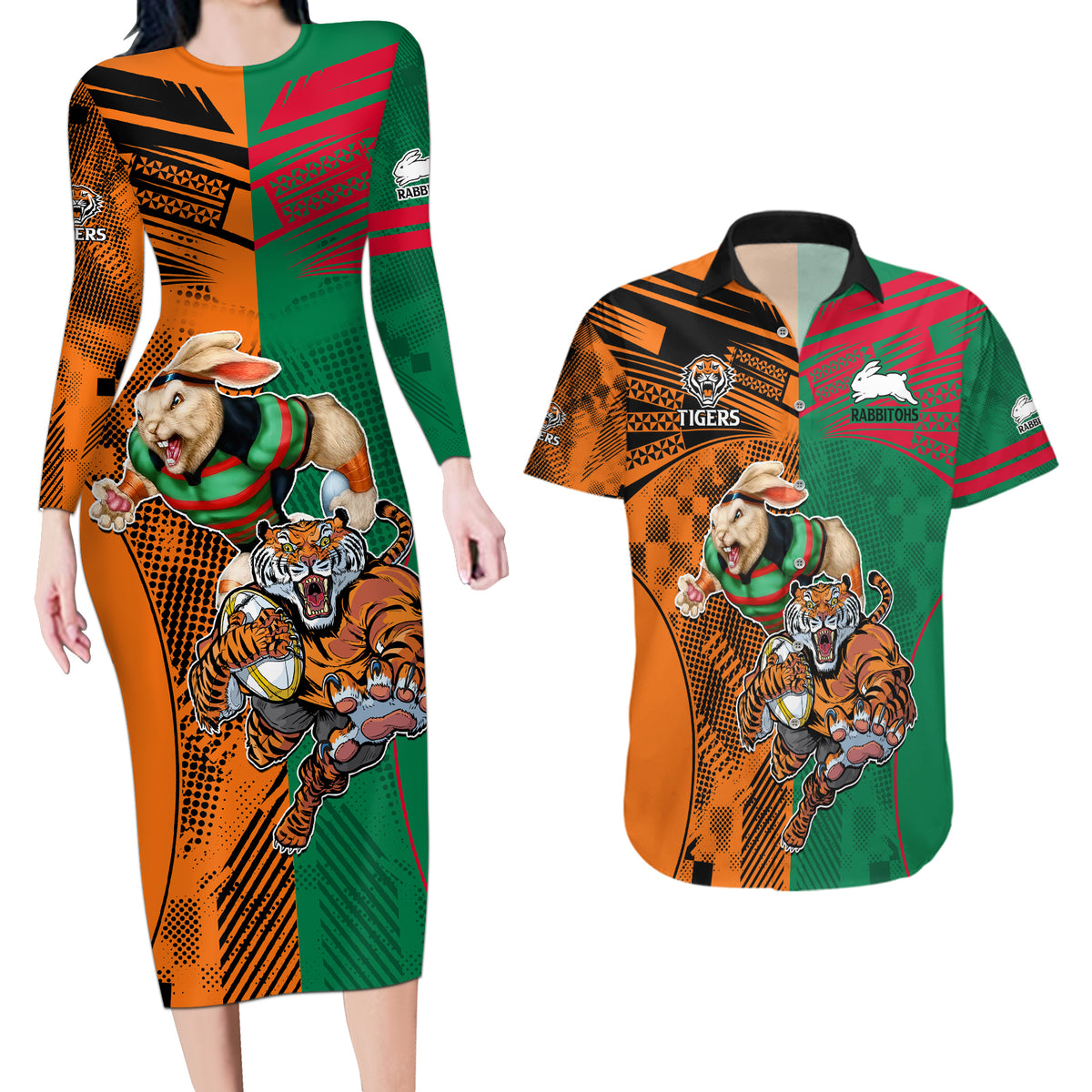 Wests Tigers and Rabbitohs Rugby Couples Matching Long Sleeve Bodycon Dress and Hawaiian Shirt Sporty Style LT9