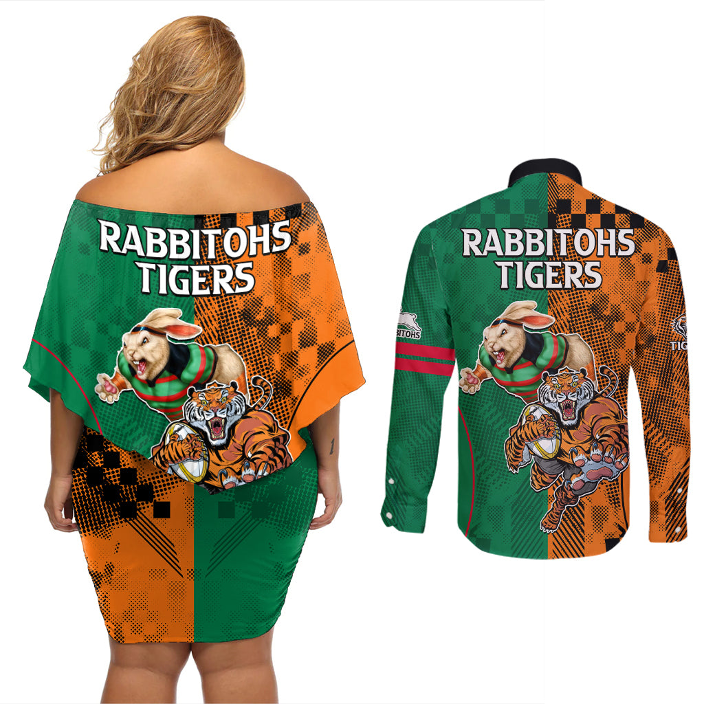 Wests Tigers and Rabbitohs Rugby Couples Matching Off Shoulder Short Dress and Long Sleeve Button Shirts Sporty Style LT9