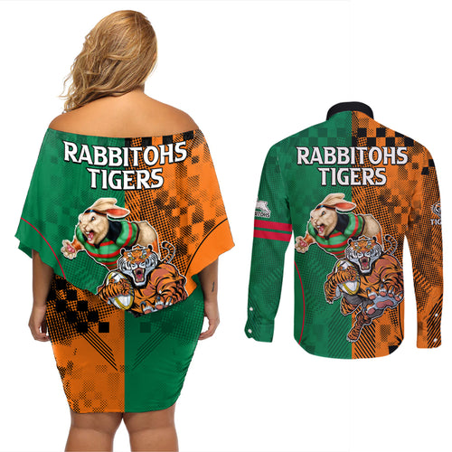 Wests Tigers and Rabbitohs Rugby Couples Matching Off Shoulder Short Dress and Long Sleeve Button Shirts Sporty Style LT9