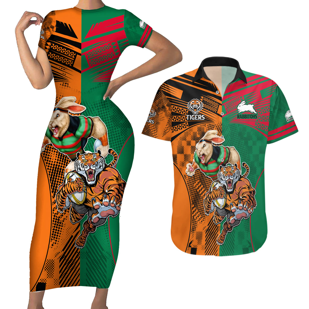 Wests Tigers and Rabbitohs Rugby Couples Matching Short Sleeve Bodycon Dress and Hawaiian Shirt Sporty Style LT9