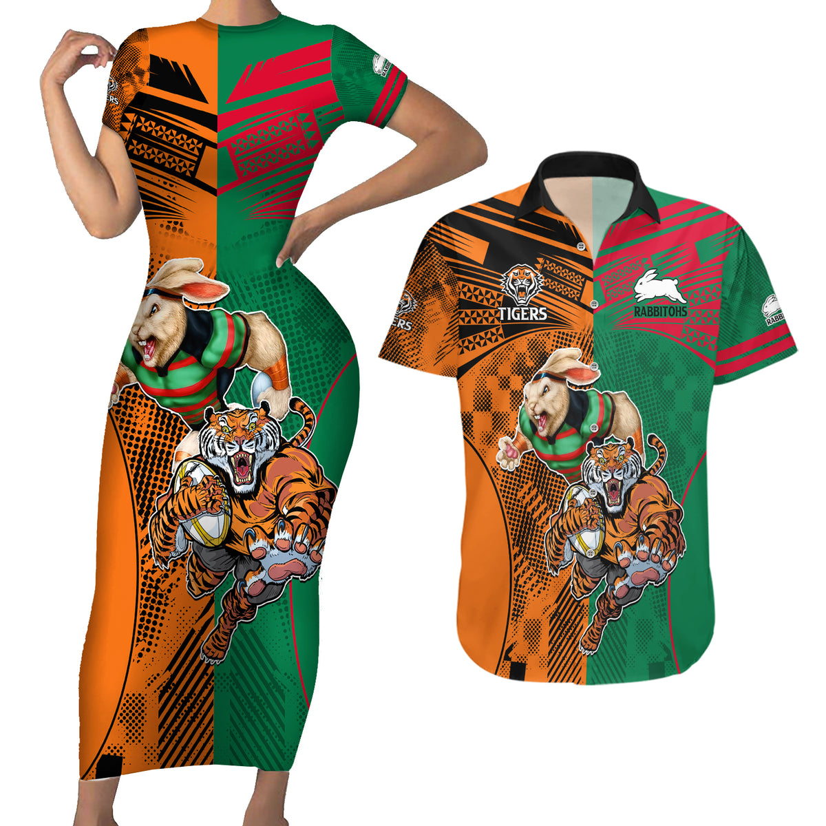 Wests Tigers and Rabbitohs Rugby Couples Matching Short Sleeve Bodycon Dress and Hawaiian Shirt Sporty Style LT9