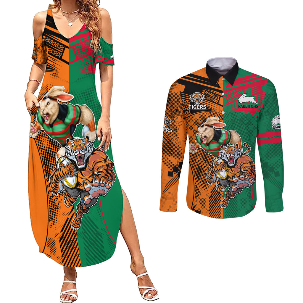 Wests Tigers and Rabbitohs Rugby Couples Matching Summer Maxi Dress and Long Sleeve Button Shirts Sporty Style LT9